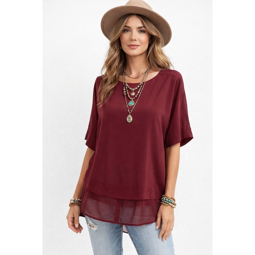 Banana Republic 100% Silk Blouse M Burgundy Maroon Sheer Hem & Shoulder Flow Top